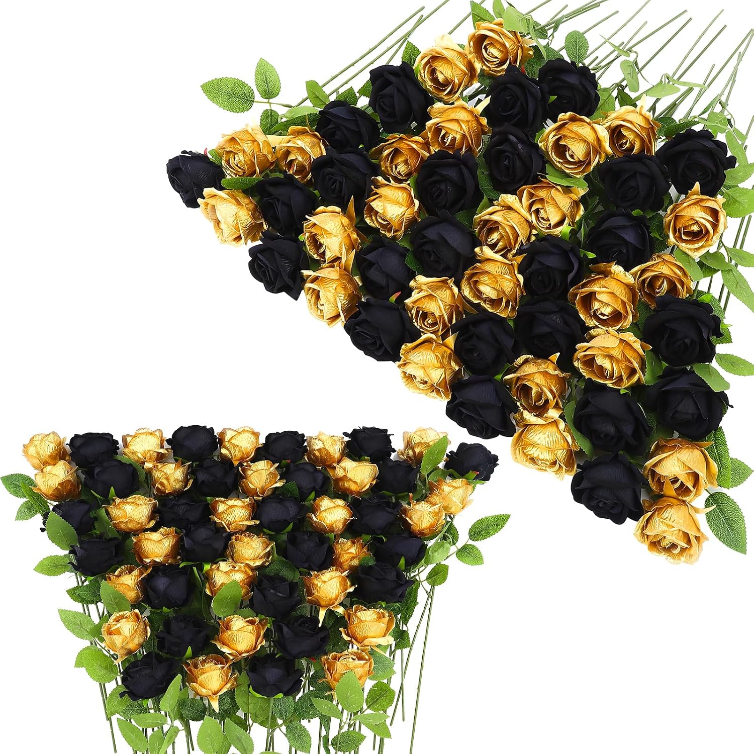 90 Pcs Gold, Black Velvet Rose Artificial Flowers with Long Stems, Fake Silk Roses Real Touch Fake Roses Florals for Birthday Wedding Bouquet Party Arrangement Decorations
