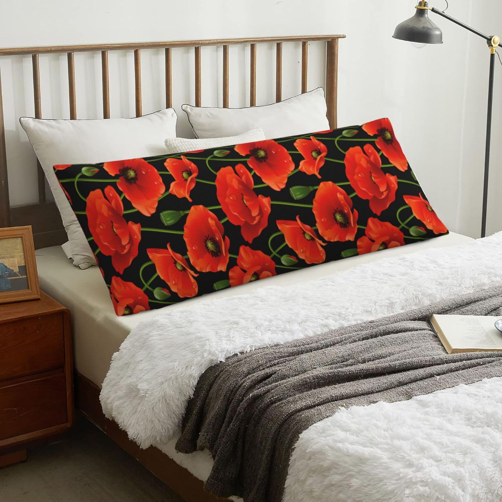 Poppy Flower, Body Pillow Cover with Zipper,Long Body Pillowcase 20 x 60 in