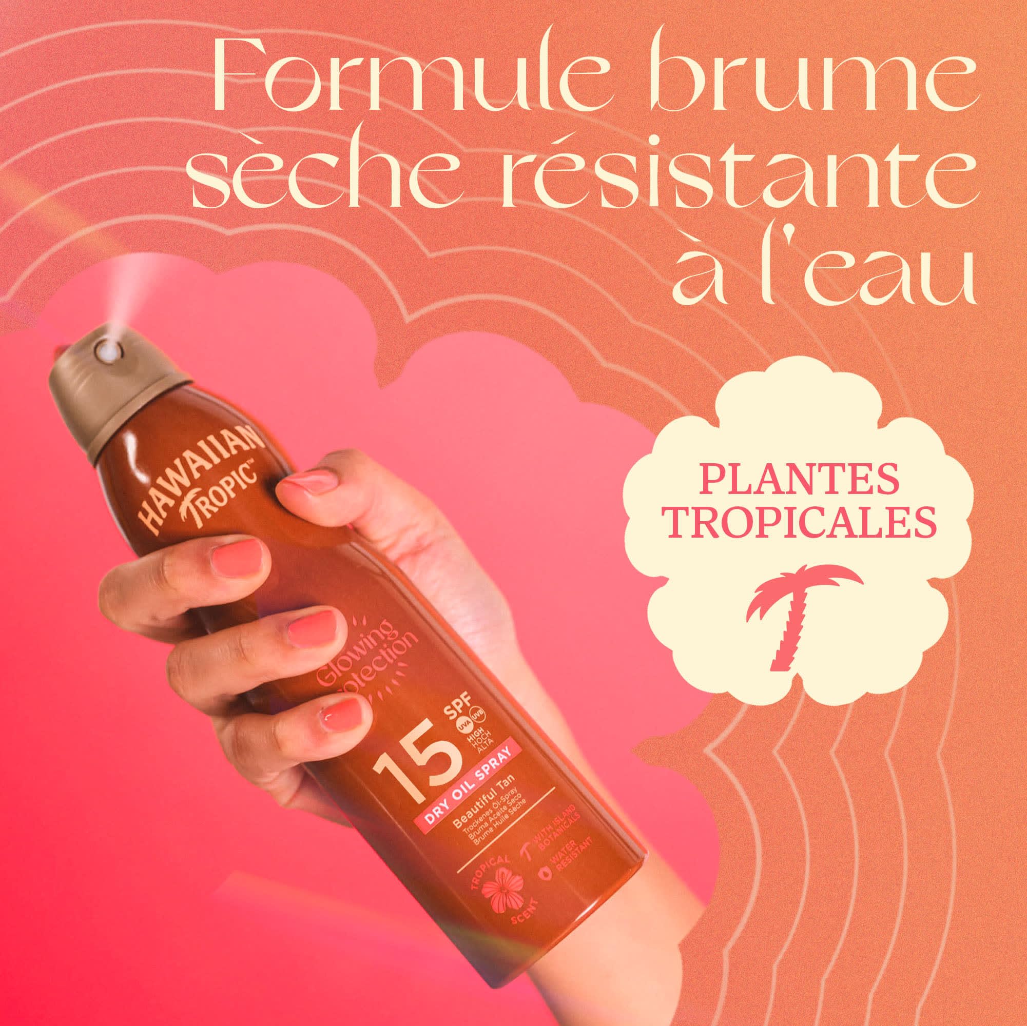 Hawaiian Tropic Brume huile sèche Glowing Protection, Résistante à l’eau, Protection SPF 15, UVA + UVB, Écran solaire en spray, Senteur tropicale, Huile solaire aux plantes des îles, 177 ml
