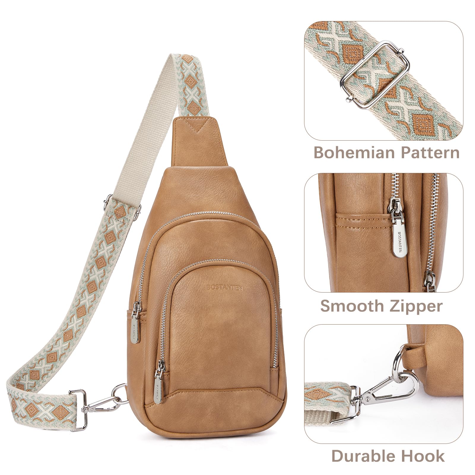 BOSTANTEN Sling Bag for Women Leather Crossbody Bag Vintage Cross Body Purse for Travel with Guitar Strap, Bohemian Style: Camel Brown