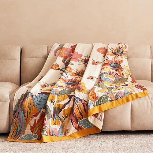 Boho Throw Blanket 100% Cotton Ultra Soft Bed Throw Large Fall Blanket Floral Bird and Butterfly Farmhouse Decor Bed Blankets,60"×80" All Season Blankets for Sofa Couch Chair(Boho-floral-h,50"×60"(Throw))