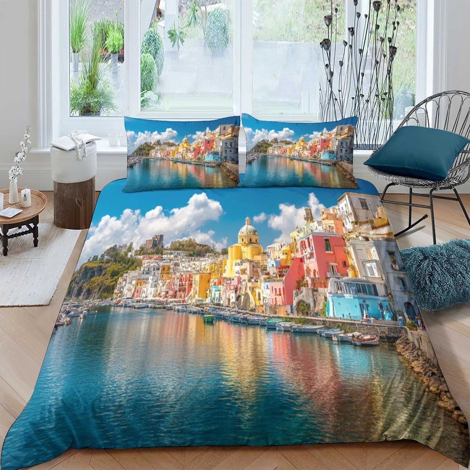 Ctjqhvkz Style-7 3D Printed Colorful Seaside Town Fitted Sheet Microfiber Soft Breathable Village Landscape Bed Cover For Bedroom Guest Room Decor Single（135X200cm）