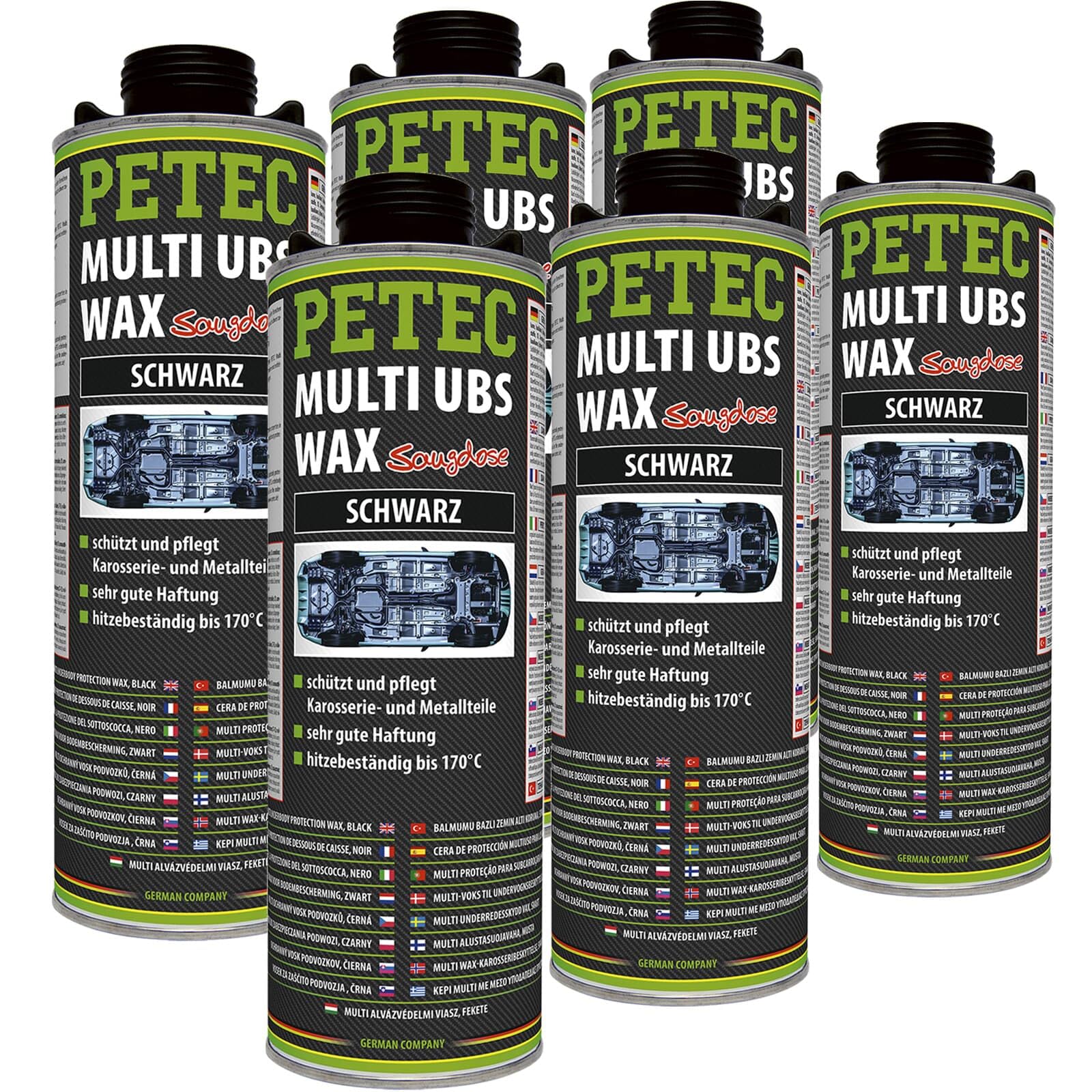 BandelOne enthält 6X 1L PETEC Unterbodenschutz Multi UBS Wax Saugdose Steinschlagschutz Schwarz