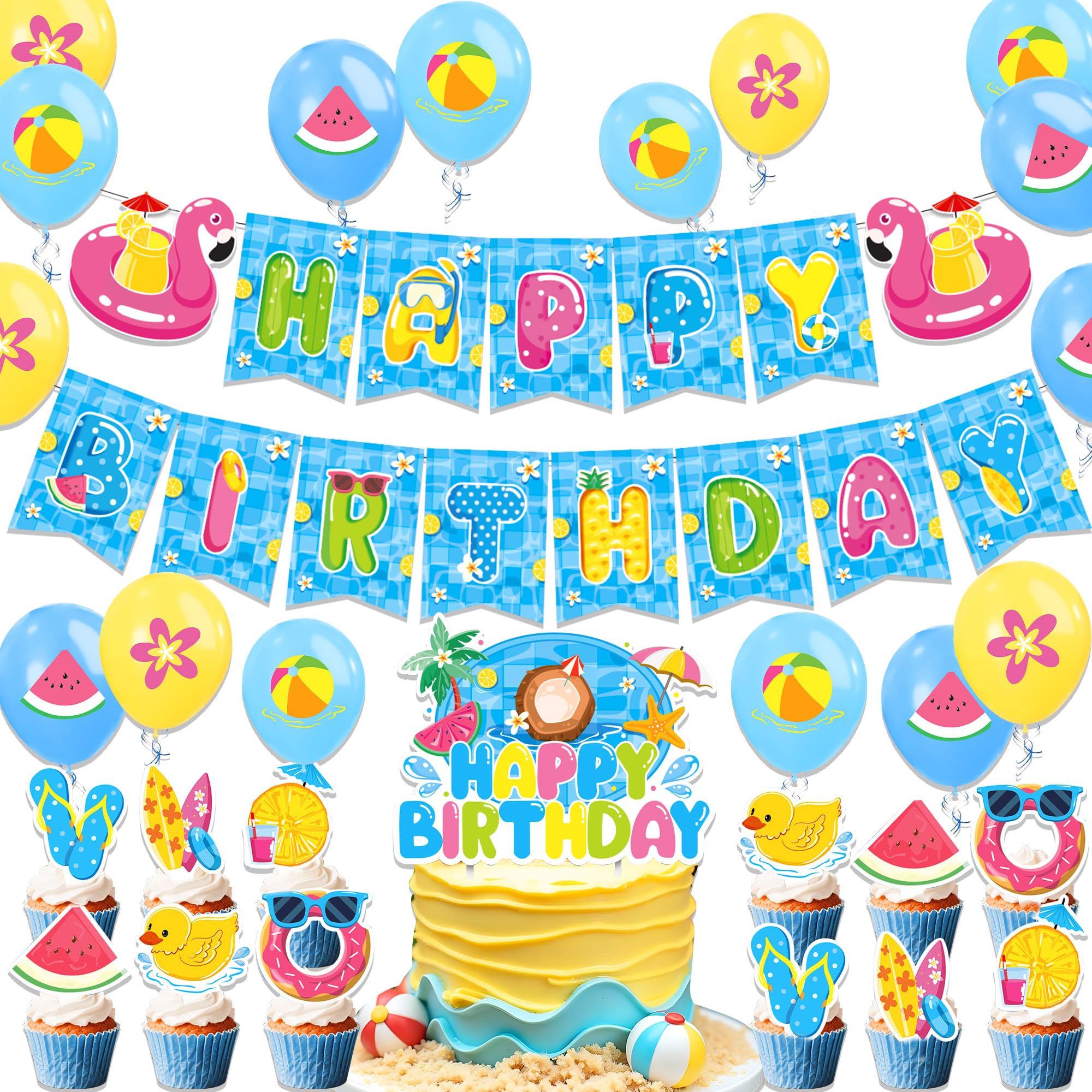 LaVenty Pool Party Summer Birthday Party Decorations Banner Beach Pool Decor Tropical Hawaiian Balloons Cake Cupcake Topper Decor