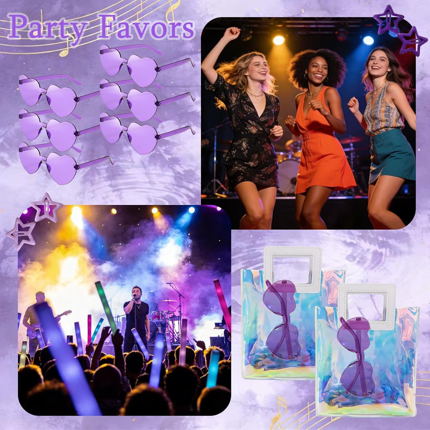 134 Pcs Kpop Disco Party Favors Friendship Bracelet Kit Sunglasses Scrunchies Star Hair Clips Butterfly Stickers Gift Bags for Y2k K Pop Birthday Decorations Galentine's Day (Purple)