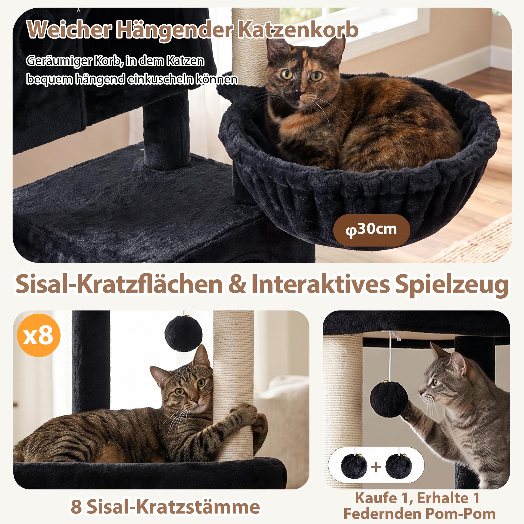 Gitelsnour Kratzbaum mit 3 geräumigen Katzenhöhlen, 2 Plattformen, GCT800G
