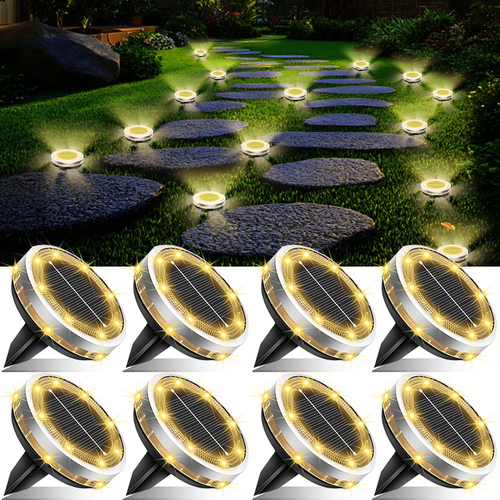 SenluKit Solar Ground Lights Outdoor Waterproof Upgraded Flat Solar Garden Lights with 4 Side Light Stainless Steel Solar Powered Disc Light for Walkway Pathway Landscape Lawn Yard