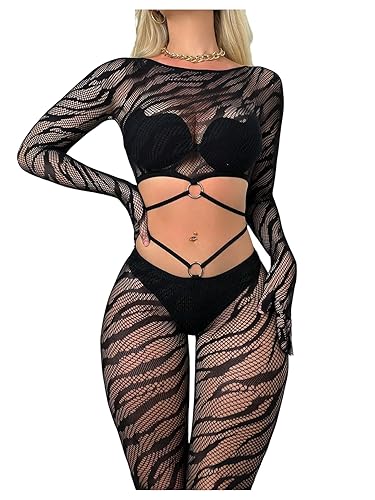 OYOANGLE Women's Long Sleeve Mesh Cut Out Bodystocking Ring Linked Fishnet Teddy Lingerie Sleepwear - One-Size - Black