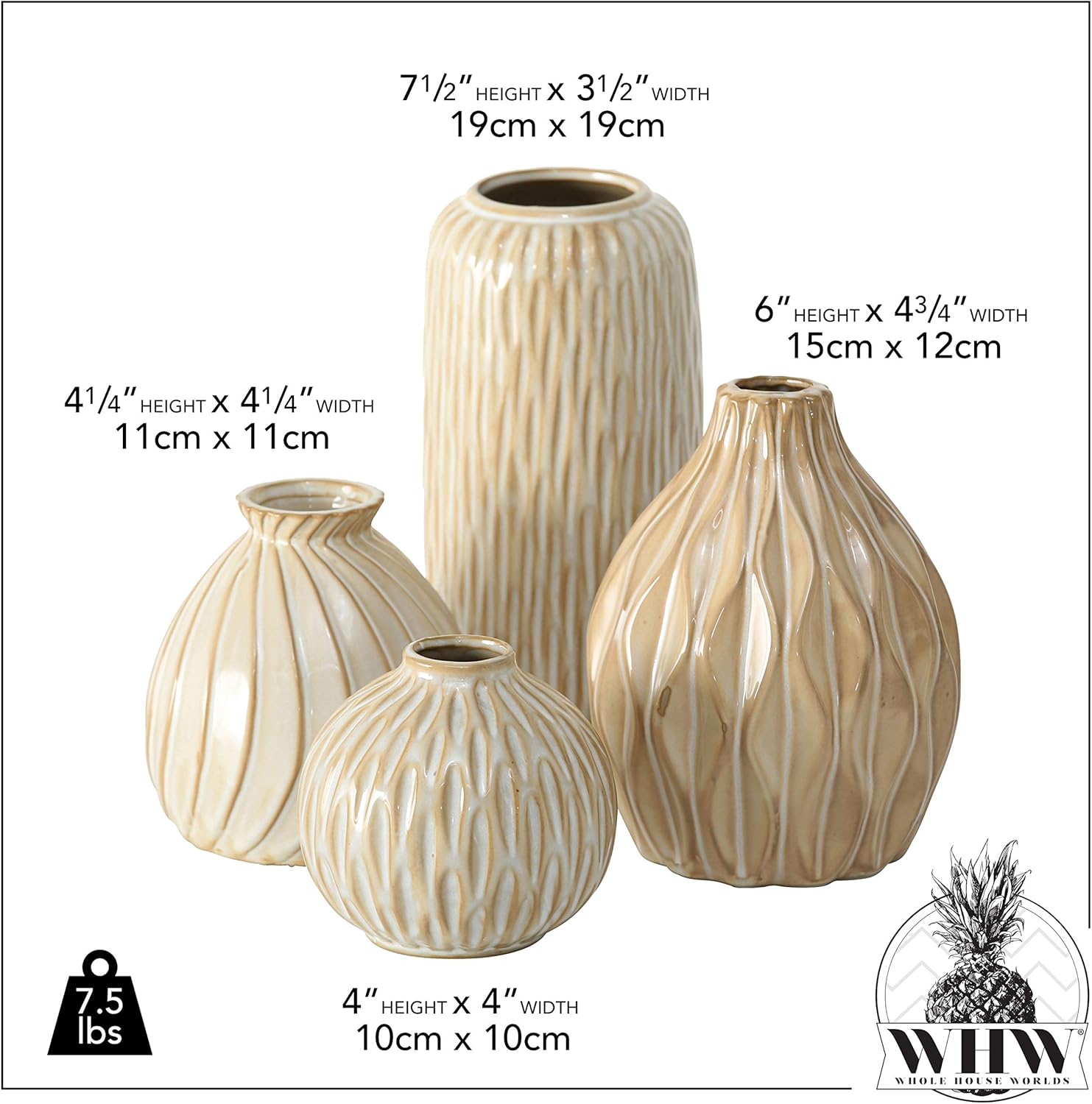 Iconic Scandi Vase 4 Piece Set, Creamy Beige and Toasted Tan, Neutrals, Glazed, Water-Tight, Porcelain, from 3-7.5 Inches