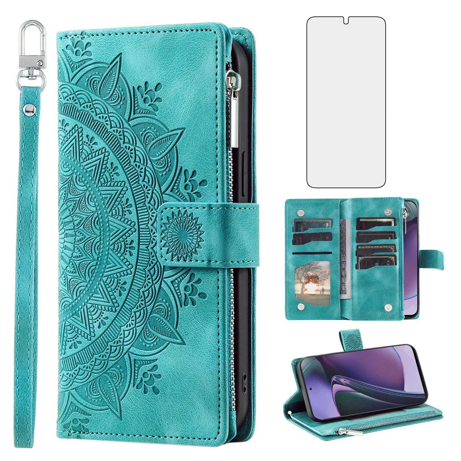 Phone Case for Motorola Moto G Stylus 5G 2023 Wallet Cover with Screen Protector and Wrist Strap Mandala Flower Flip Zipper Credit Card Holder Slot Stand Cell GStylus G5 XT2317DL Women Men Green