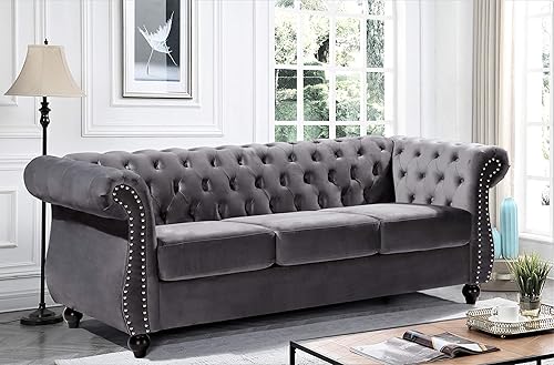 Miniatura 2 de Feinstein - Sofá Chesterfield de terciopelo moderno para sala de estar con cabezas de clavos, acolchado de diamante y marco de metal duradero, sofá,
