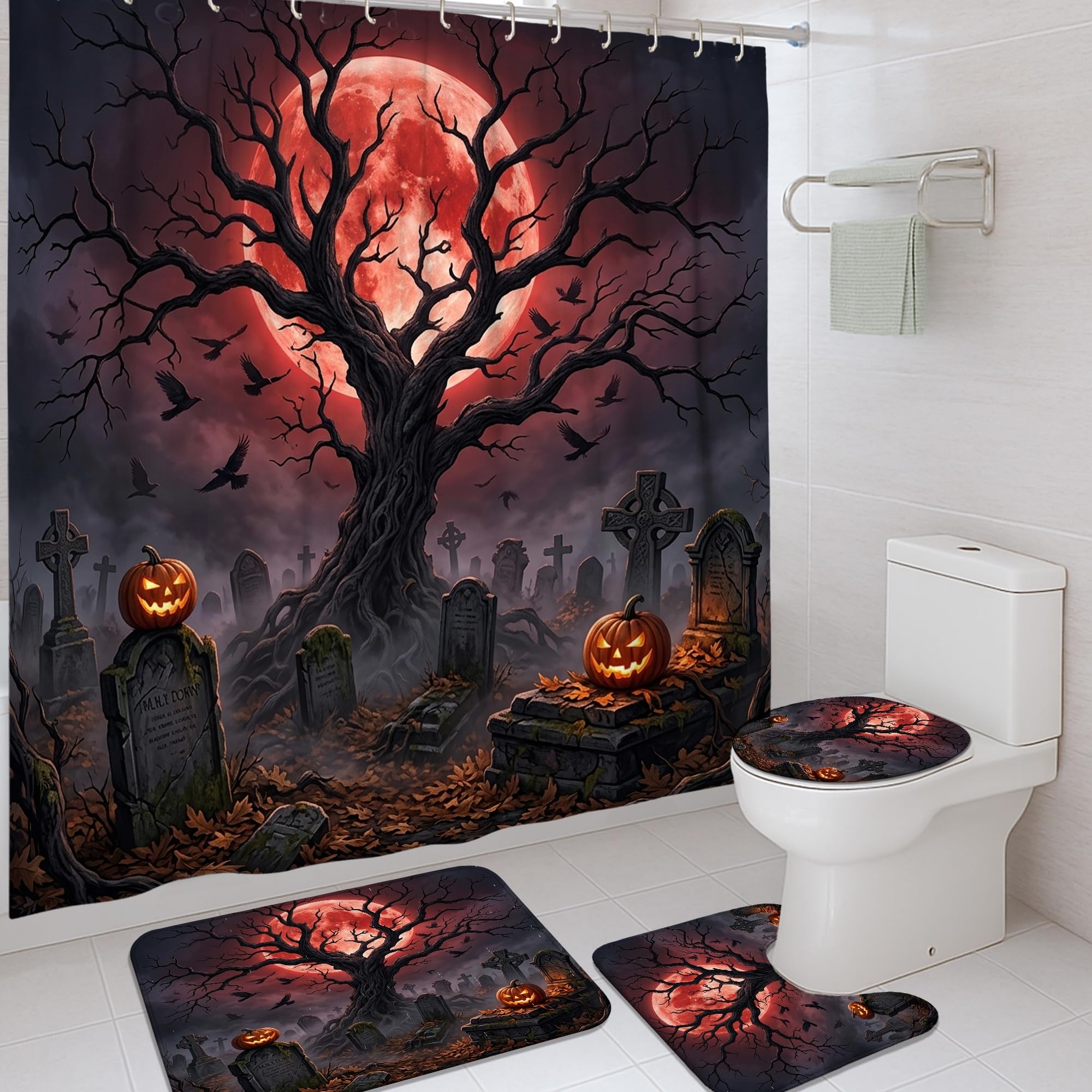 Rideau de douche arbre gothique rouge pour décoration de bain en appartement