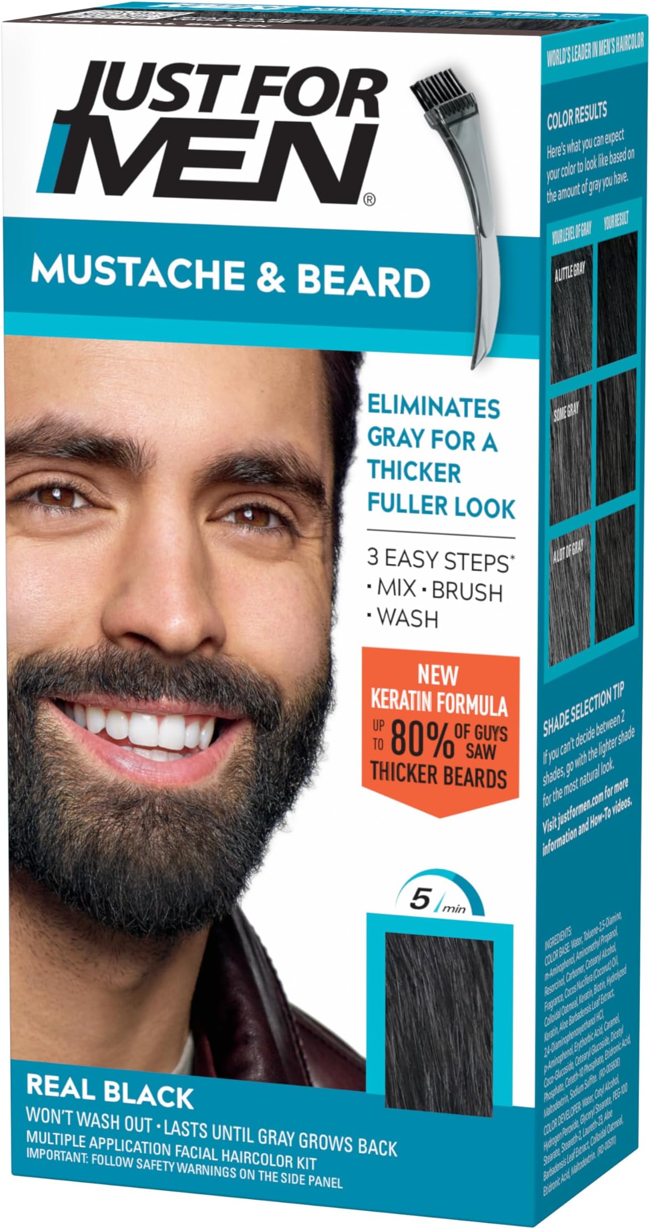 Mustache & Beard multiple uses Beard Dye for Men with Brush Included, With Keratin Biotin Aloe and Coconut Oil for Healthy Facial Hair - Real Black, M-55, Pack of 1 (Packaging May Vary)