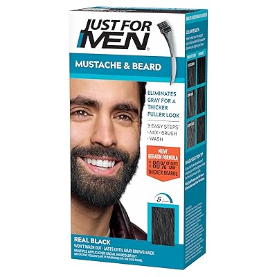 Just For Men Mustache & Beard, Beard Dye for Men with Brush Included, With Keratin Biotin Aloe and Coconut Oil for Healthy Facial Hair - Real Black, M-55, Pack of 1 Packaging May Vary
