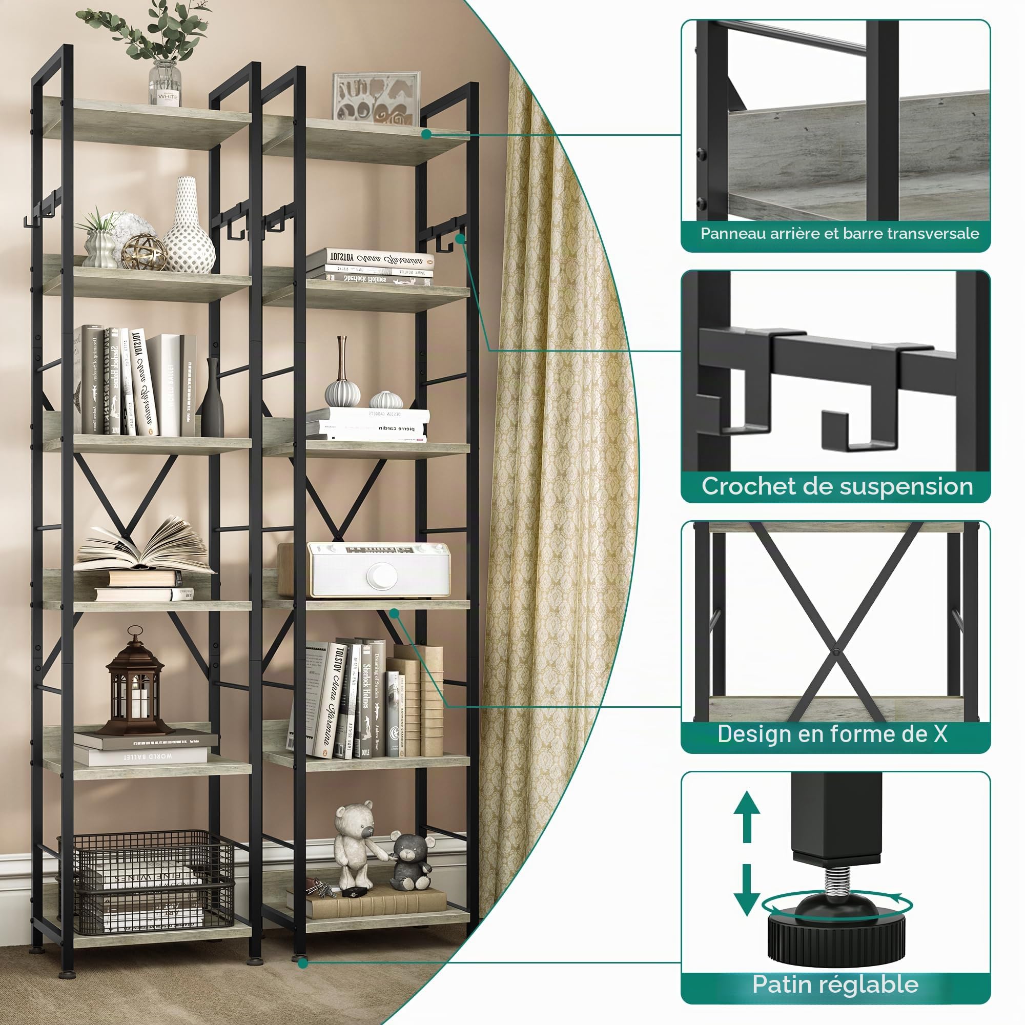YITAHOME Bibliothèque à 6 Niveaux, étagère à Livres au Sol avec 4 Crochets, étagère en Bois et Cadre en métal, étagère Haute Industrielle, Rangement pour Salon, Bureau à Domicile, Gris