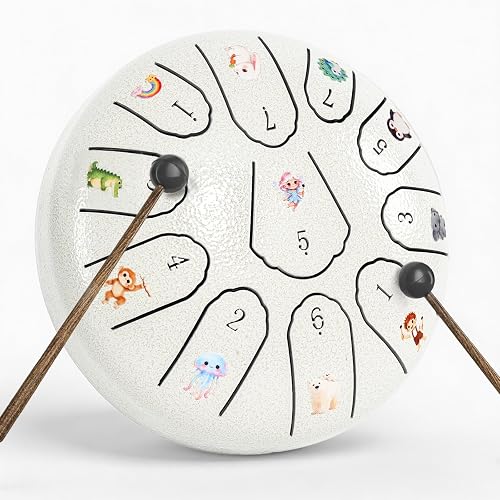 Steel Drum 6-Inch 11-Note, Rain Drum for Outside Garden, C Major Kids Steel Tongue Drum with DIY Cartoon Stickers, Meditation Drum Soothing Instrument for Musical Exploration & Relaxation (White)