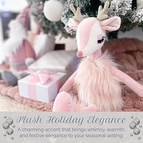 Miniatura 6 de MON AMI Freija The Pink Reindeer Plush Juguete de reno rosa suave de 17 pulgadas con piel sintética y cuernos dorados Peluche navideño caprichoso