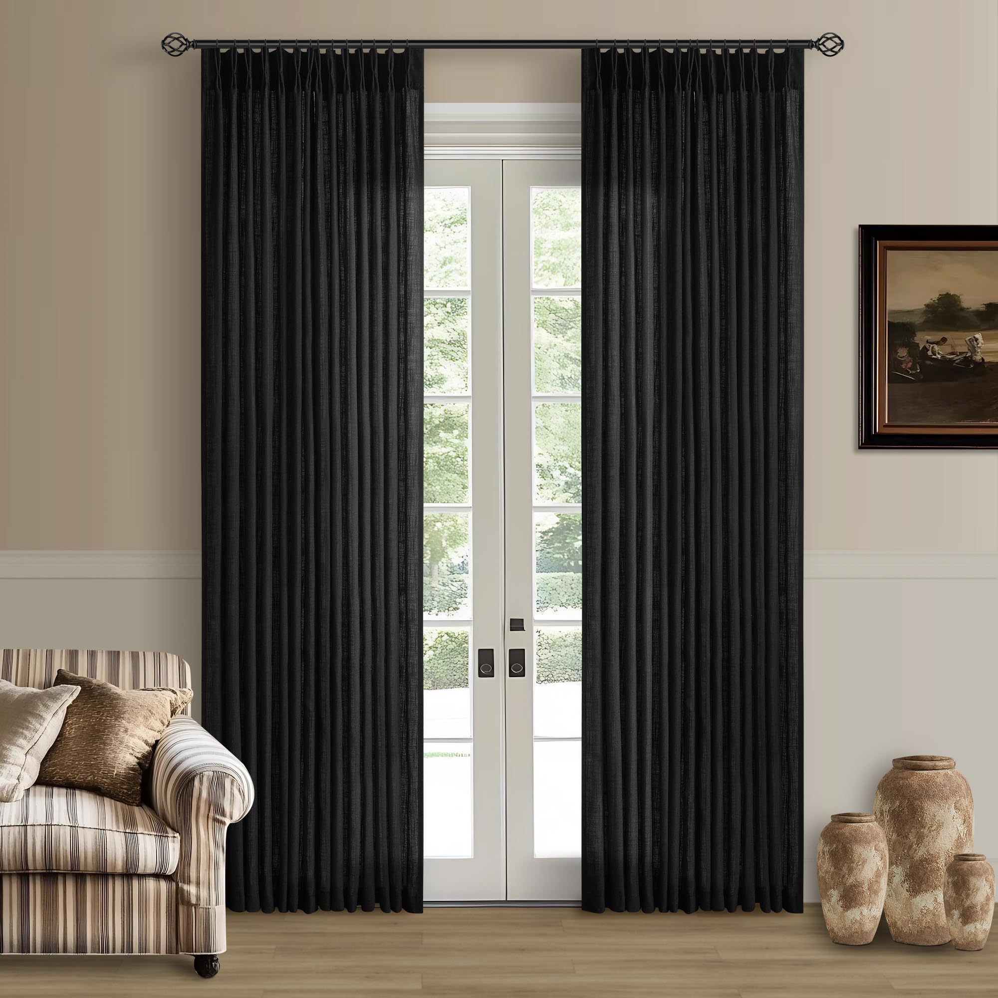 Black Linen Curtains Pinch Pleated 84 Inches Long for Living Room Bedroom Pleat with Rings Back Tab Semi Sheer Curtains 84 Inch Length 2 Panels Set