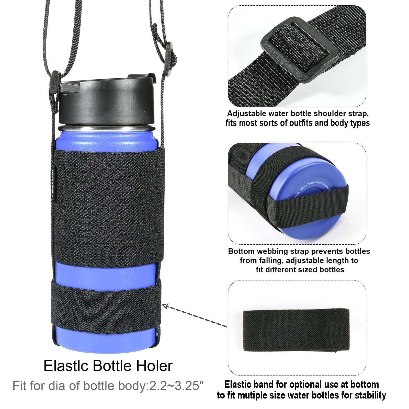 Cosmos Water Bottle Holder Strap Sling with Adjustable Shoulder Strap & Elastic Band, Bottle Carrier for Sport Gym Hiking Travel Camping - Black (1 Pcs)