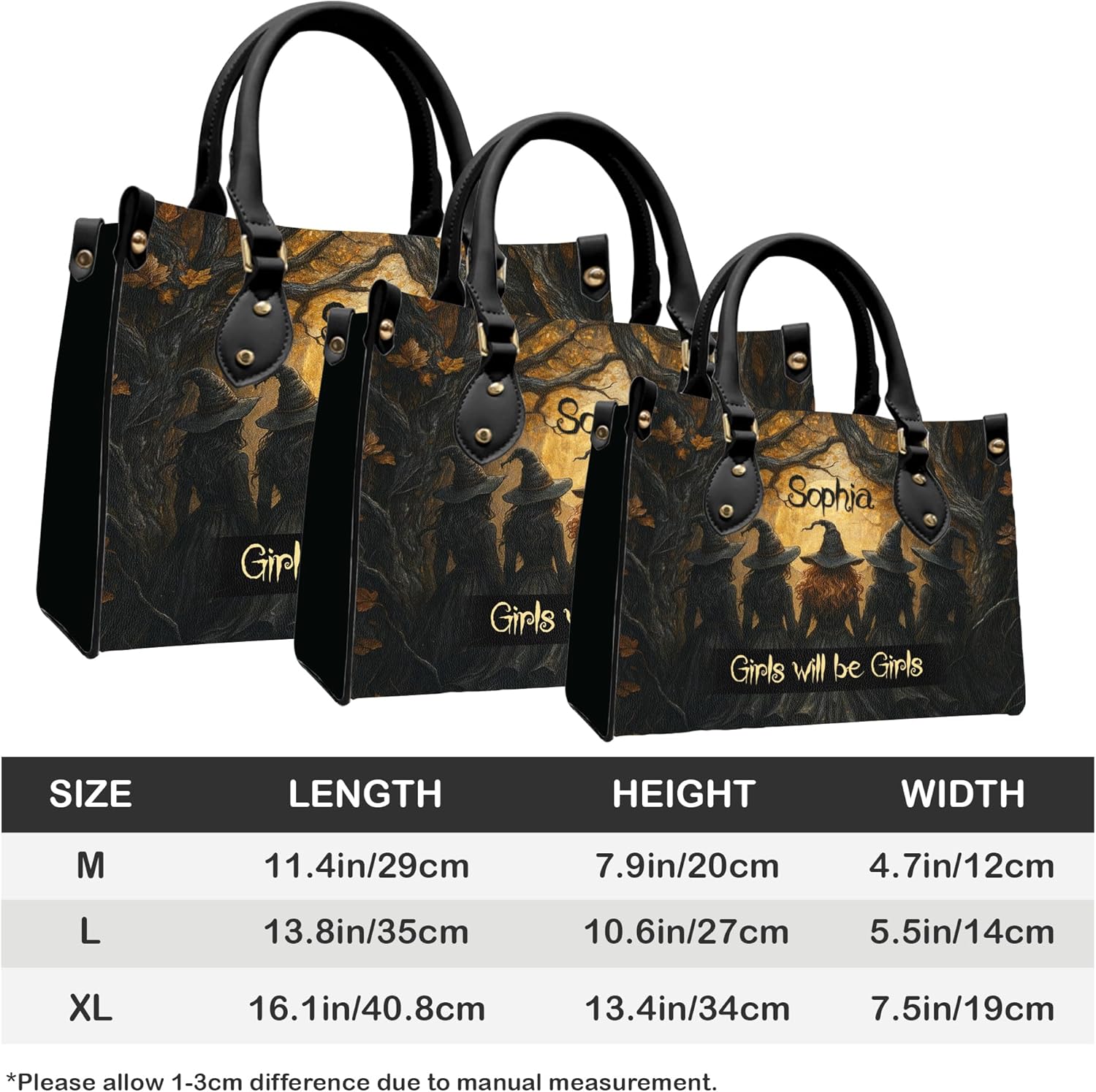 Personalized Witchy Halloween Leather Bag - Custom Name Witch Art Spooky Vintage Handbag Tote Purse with Wallet for Women