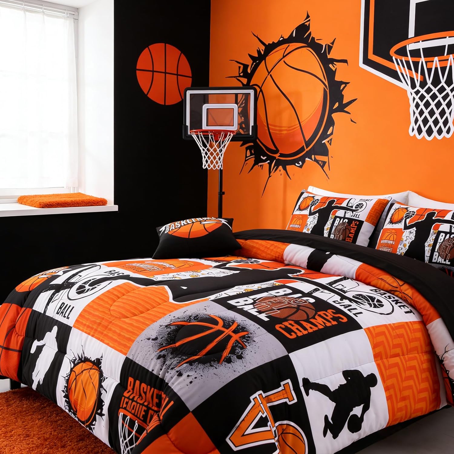A Nice Night Sports Geometric Grid Baseketabll Patchwork Baskeball Printed for Boys Twin 6Pcs Bed in A Bag Comforter Bedding Set, Orange
