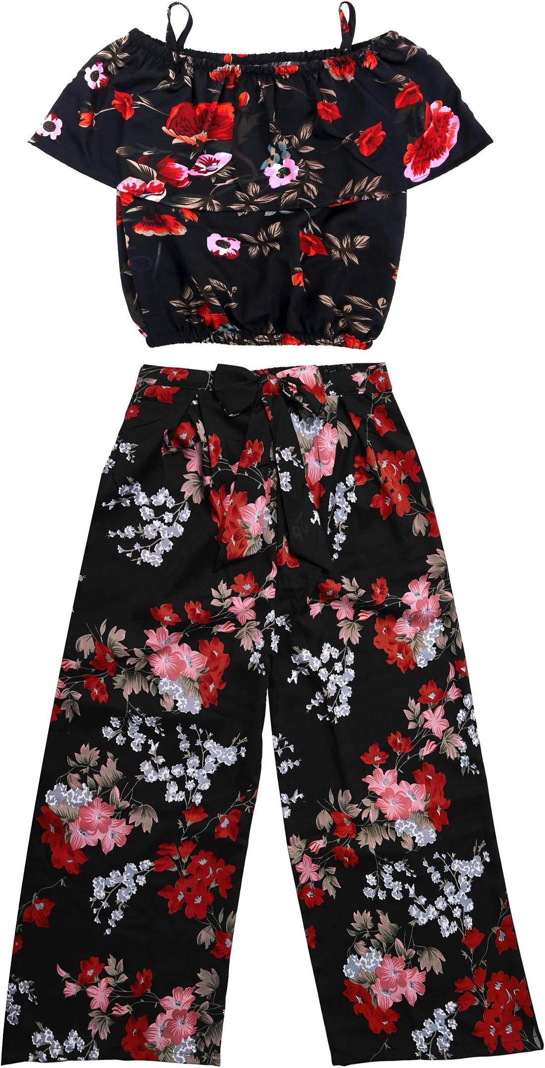 JS FASHION STUDIO Girl's Black Flower TOP and Palazzo Set