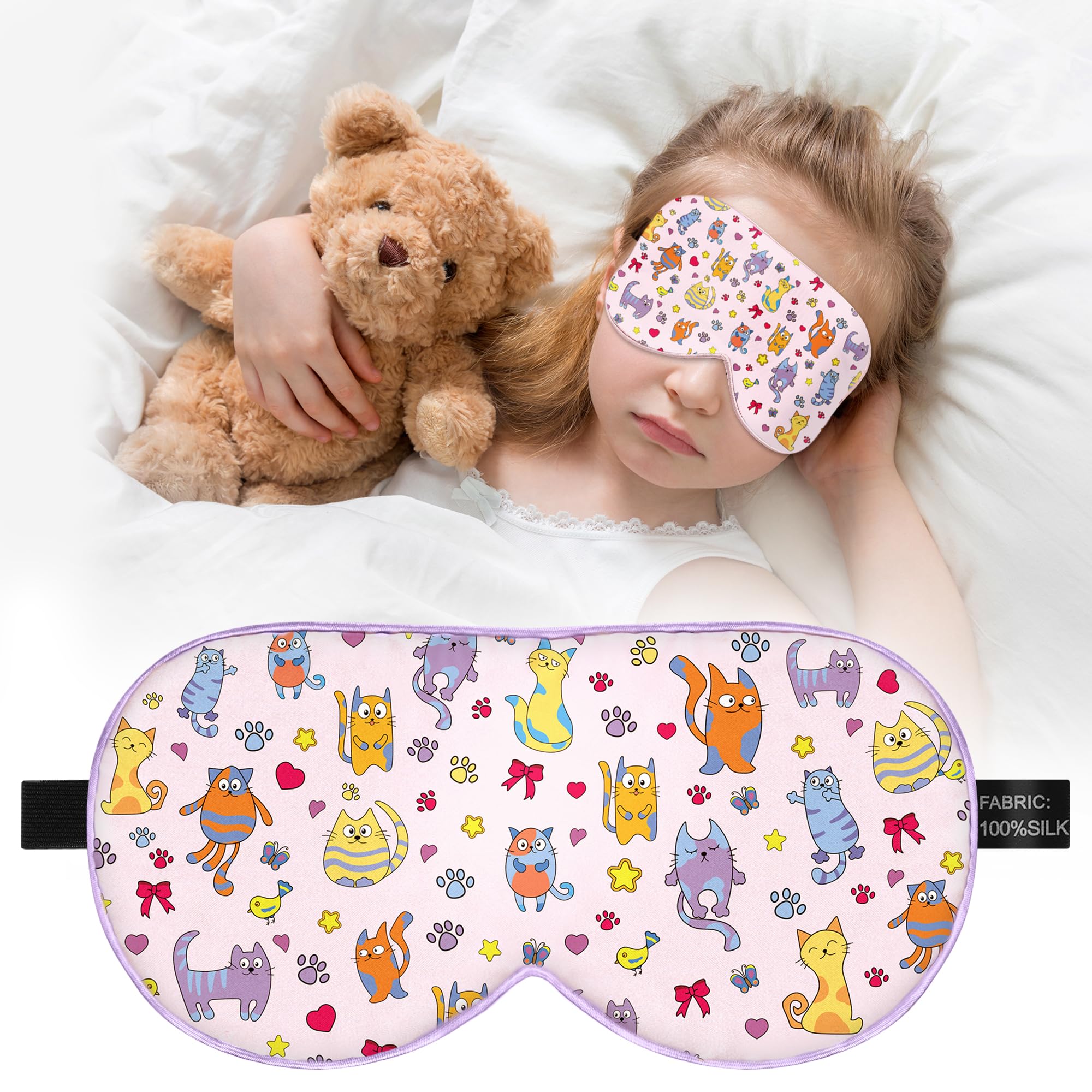 Kids Sleep Mask Eye Cover: 100% Real Natural Pure Silk Eye Mask with Adjustable Strap, Funny Blindfold Kids Eye Mask for Sleeping, Soft & Lightweight
