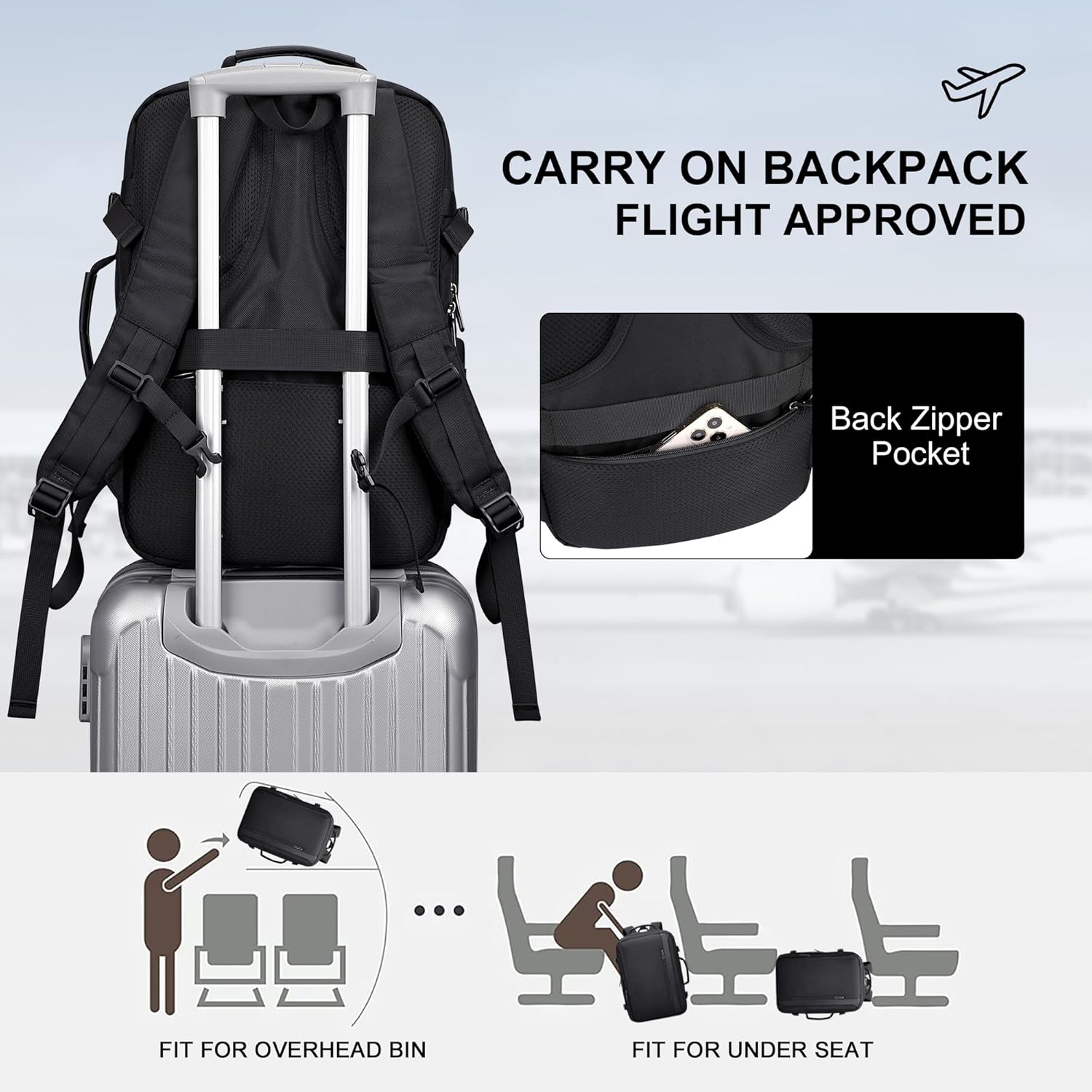 PIJUSHI Travel Backpack for Women Men Expandable Carry on Luggage Backpack Airline Approved Personal Item Laptop Bag(PE034 Black) - Image 5