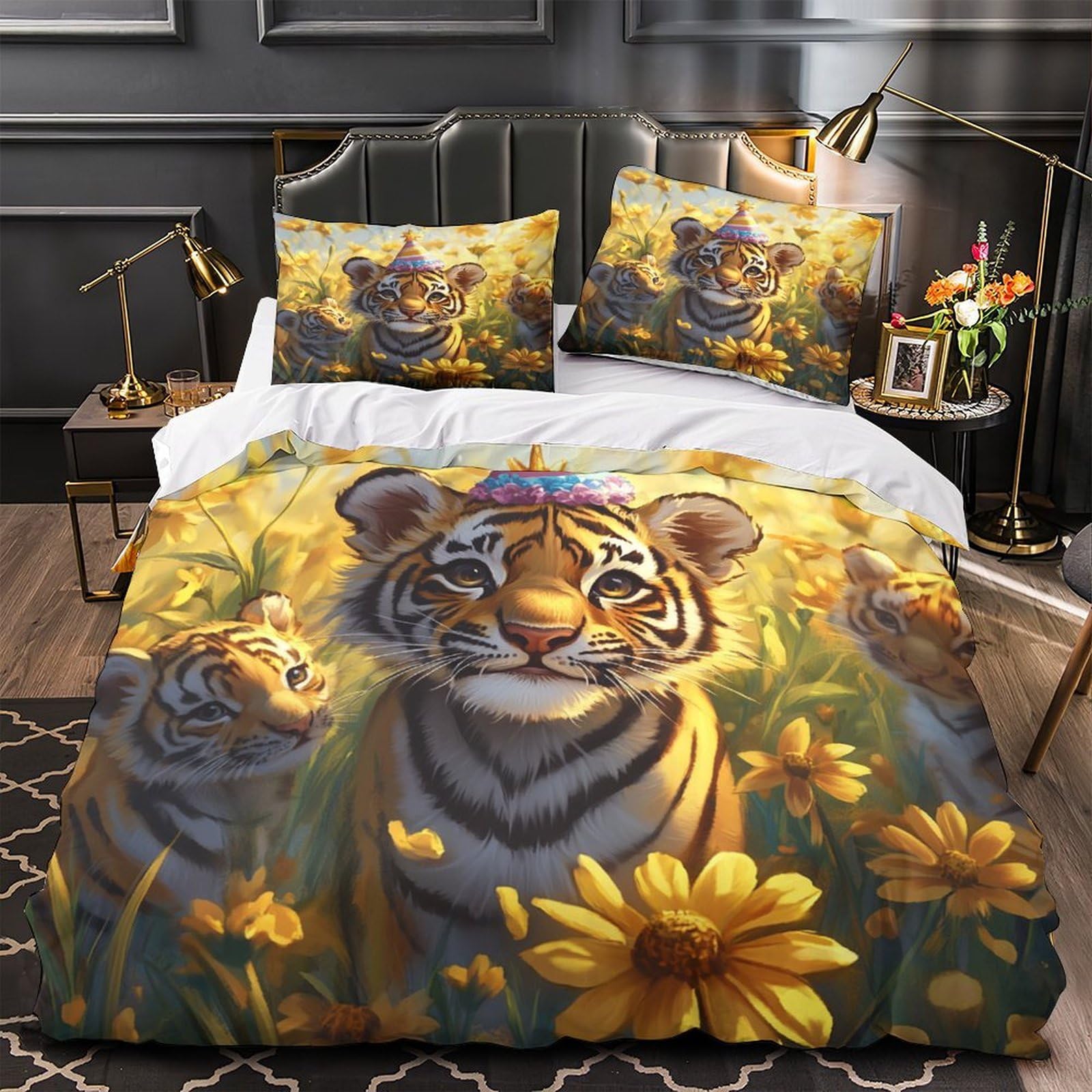 Housse de couette petit tigre 3D en microfibre 135x200 cm avec 2 taies d'oreiller