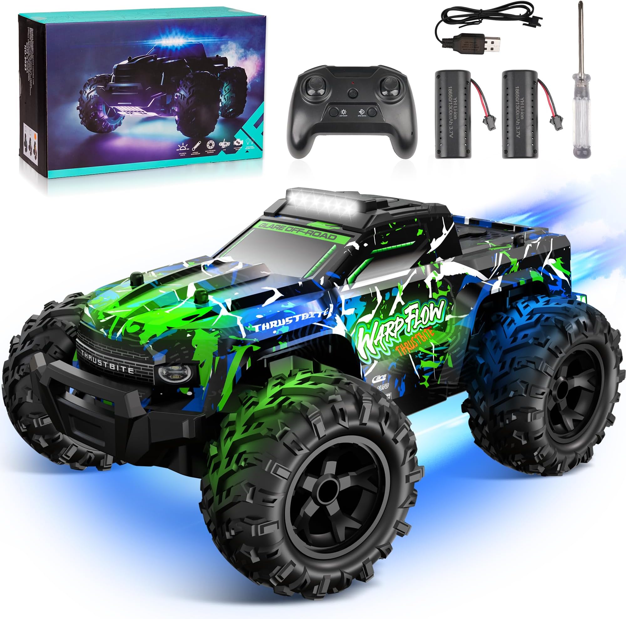 Remote Control Cars - 1:18 Rc Car HighSpeed 25KMH+ LED Light with Spray 2.4GHz All Terrain Off Road Truck Toys 2 Rechargeable Batteries 60 Min Playtime Fast Racing Toy for Kids Adults - Green