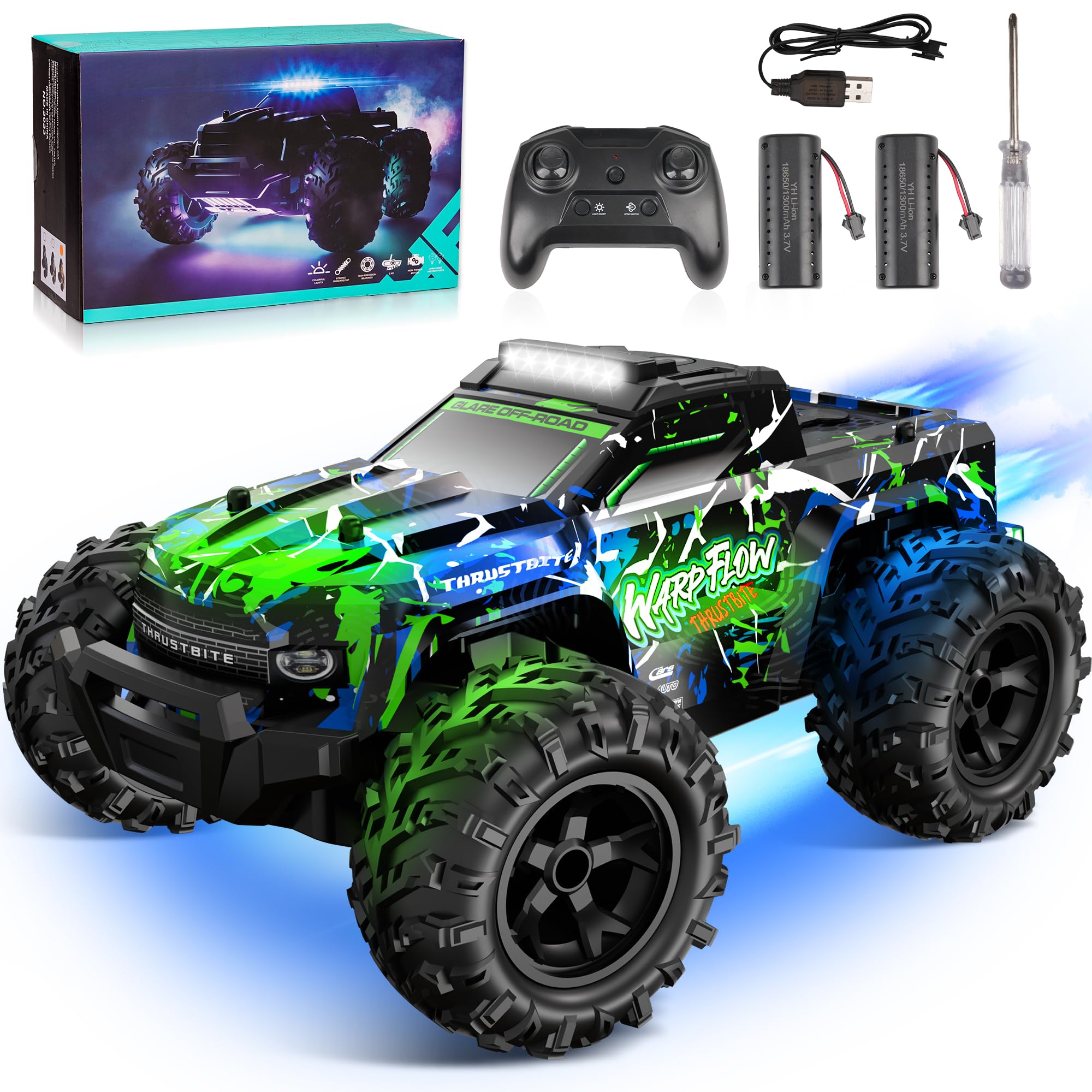 JOYTREKY Remote Control Car - 1:18 High Speed LED Light 25 km/h RC Car with Spray 2.4 GHz All Terrain Offroad Truck Toy 2 Batteries Fast Toy from 3 4 5 6 7 8 Boy Green