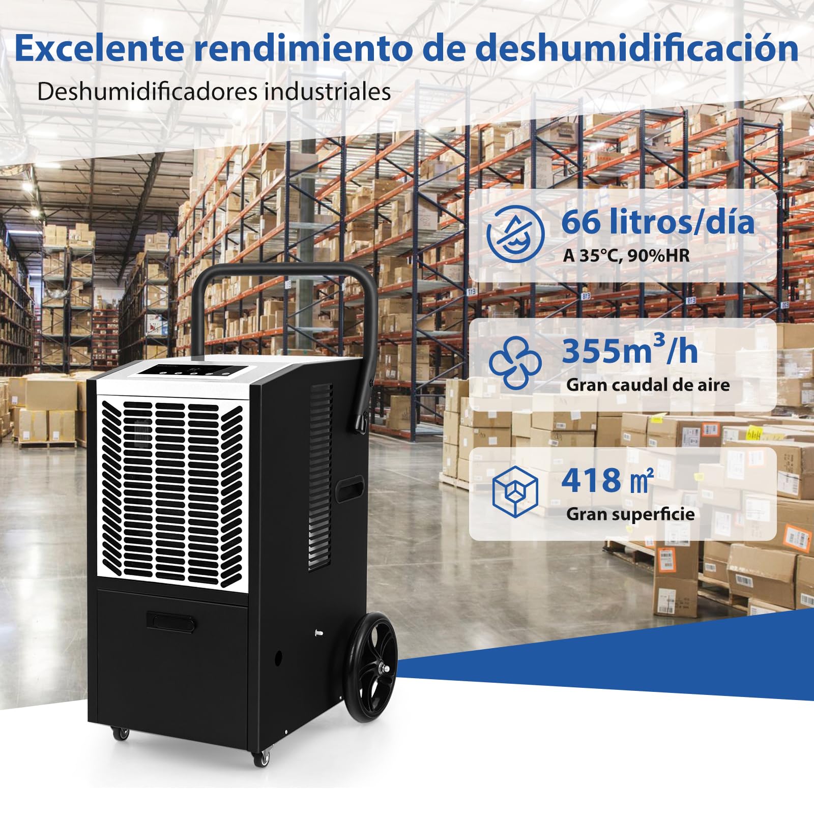 SOARS Deshumidificador Industrial 66L/Día con Bomba de Desagüe Automática y Manguera de Desagüe, Filtro Extraíble, Ruedas para Habitaciones de Hasta 418 m², Temporizador 24H (Blanco)