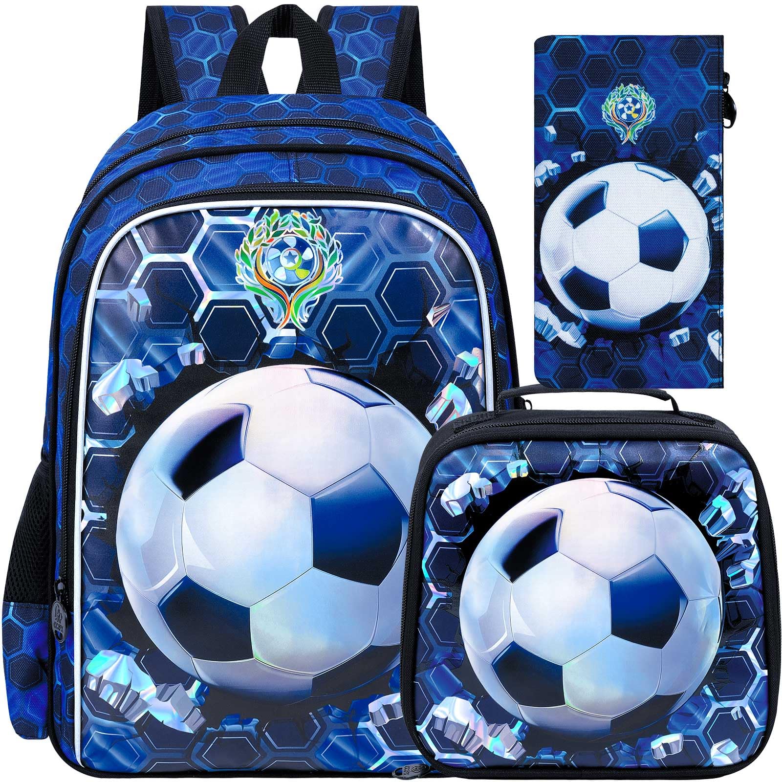 CCJPX 3PCS Football Backpack for Boys, 16 Inch Kids Water Resistant Preschool Bookbags with Lunch Box, Cool Elementary School Bag for Kindergarten Toddler
