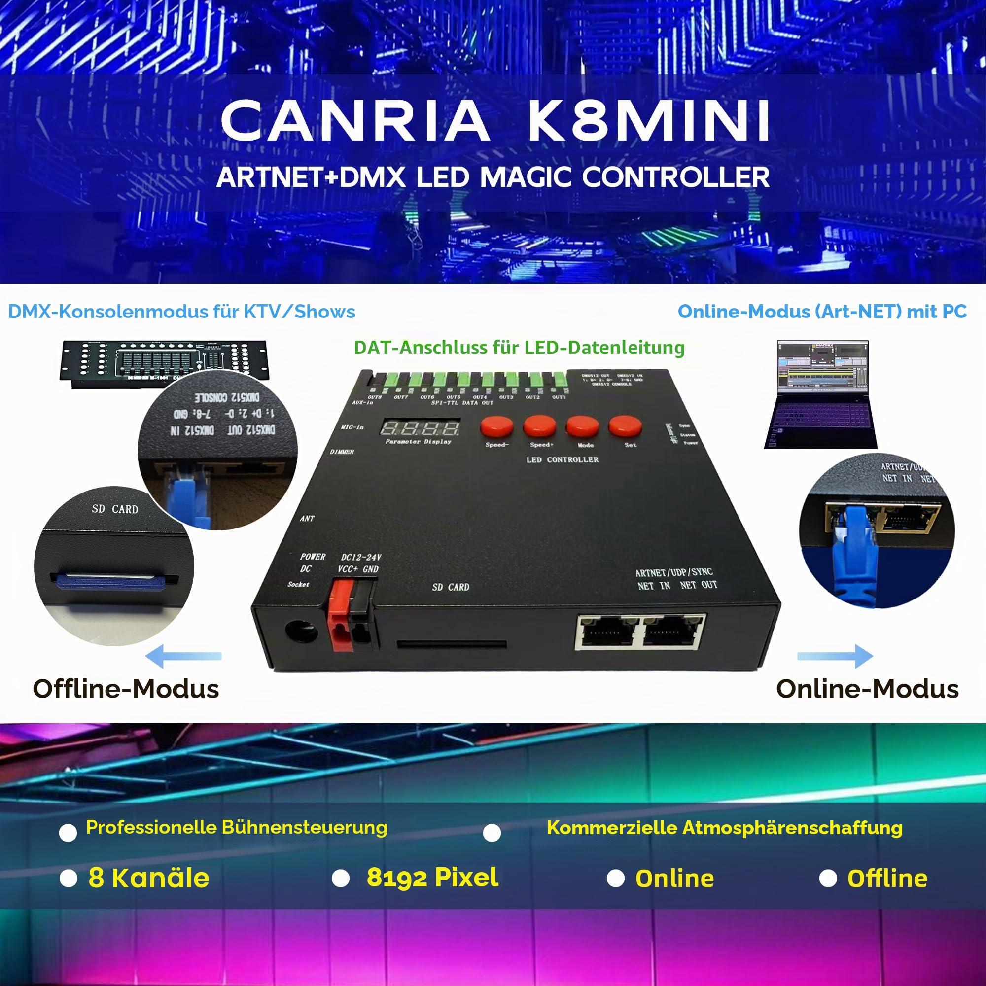 K8MINI ARTNET+DMX Konsole LED Pixel Controller, für SPI-TTL LED Licht, Online Offline, Adressierbar Programmierbar, 2G SD Karte mit 96 Programmmodi und Offline Software