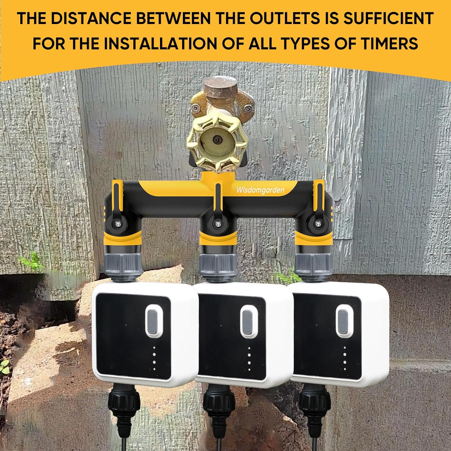 3/4-Inch Garden Hose Splitter, Outdoor Faucet Adapter, Patio Hydrant Manifold - Designed for Multiple Irrigation System Sprinkler Timers, 3-Way Hose Bib Valve-Yellow