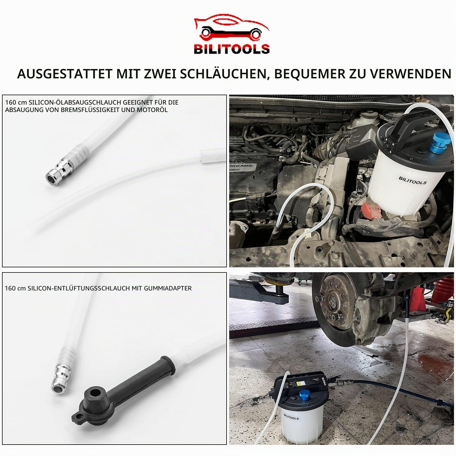 BILITOOLS 3L Universal Bremsenentlüftungsgerät Set für KFZ & Motorrad | Druckluft Bremsflüssigkeitswechselgerät mit 1L Nachfüllflasche und Adaptern