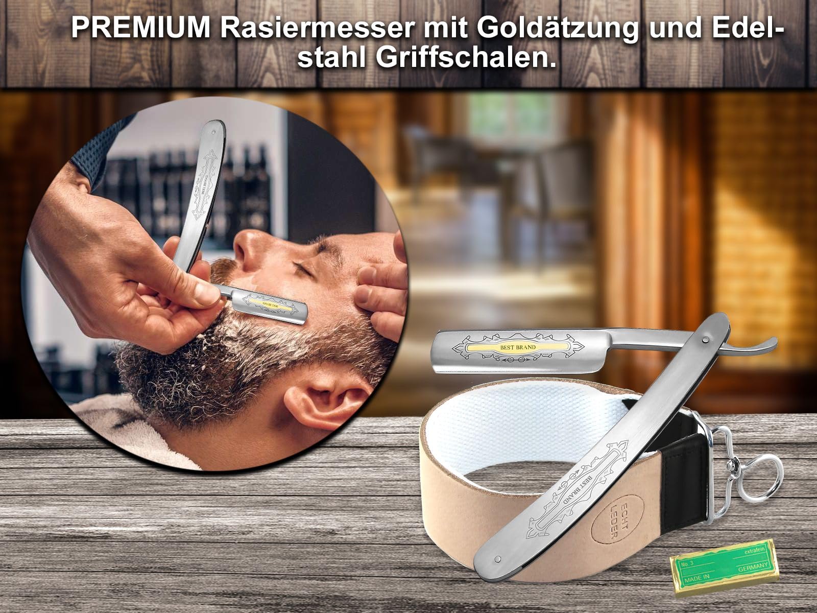 Rasiermesser Set Geschenk Herren mit Rasiermesser, Paste und Abziehriemen | Rasier-Set für Männer Profi Kombi aus Streichriemen Leder Baumwolle, Edelstahl Bartmesser und Solinger Pflege Paste