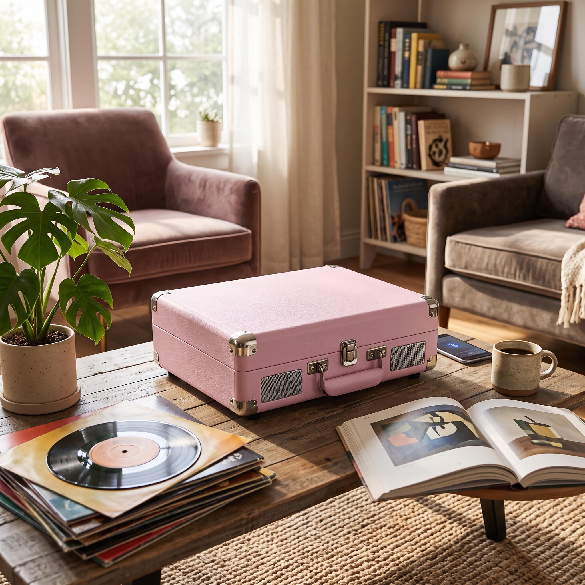 Fafeicy Giradischi Vinili Vintage Con Registrazione USB Giradischi 33 45 E 78 Giri per Fonografo Portatile 7 10 E 12 Pollici Altoparlanti Integrati Ingresso 3,5 Mm (Rosa)