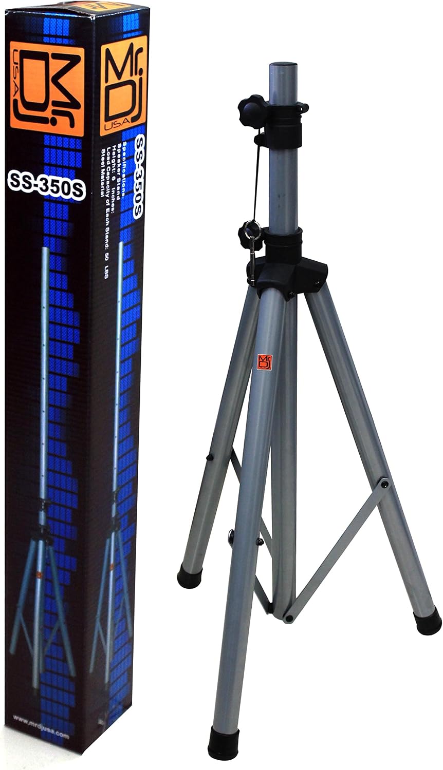 Mr. Dj SS350S Universal Heavy-Duty Pro Silver Folding Tripod DJ PA Home On Stage Speaker Light Stand Adjustable 6.6' Height Stand, 3 Years Manufacturer Warranty