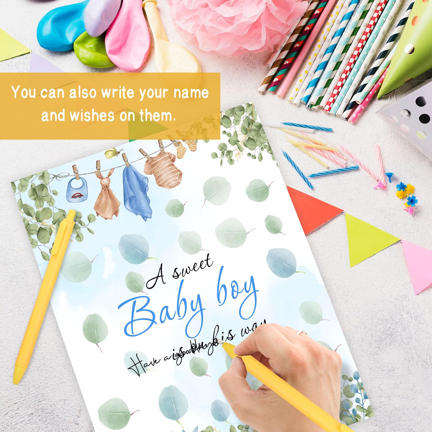 Dekoracje na baby shower, pamiątkowa księga gości, zabawne artykuły na baby shower, specjalna znacząca dekoracja kartonowa