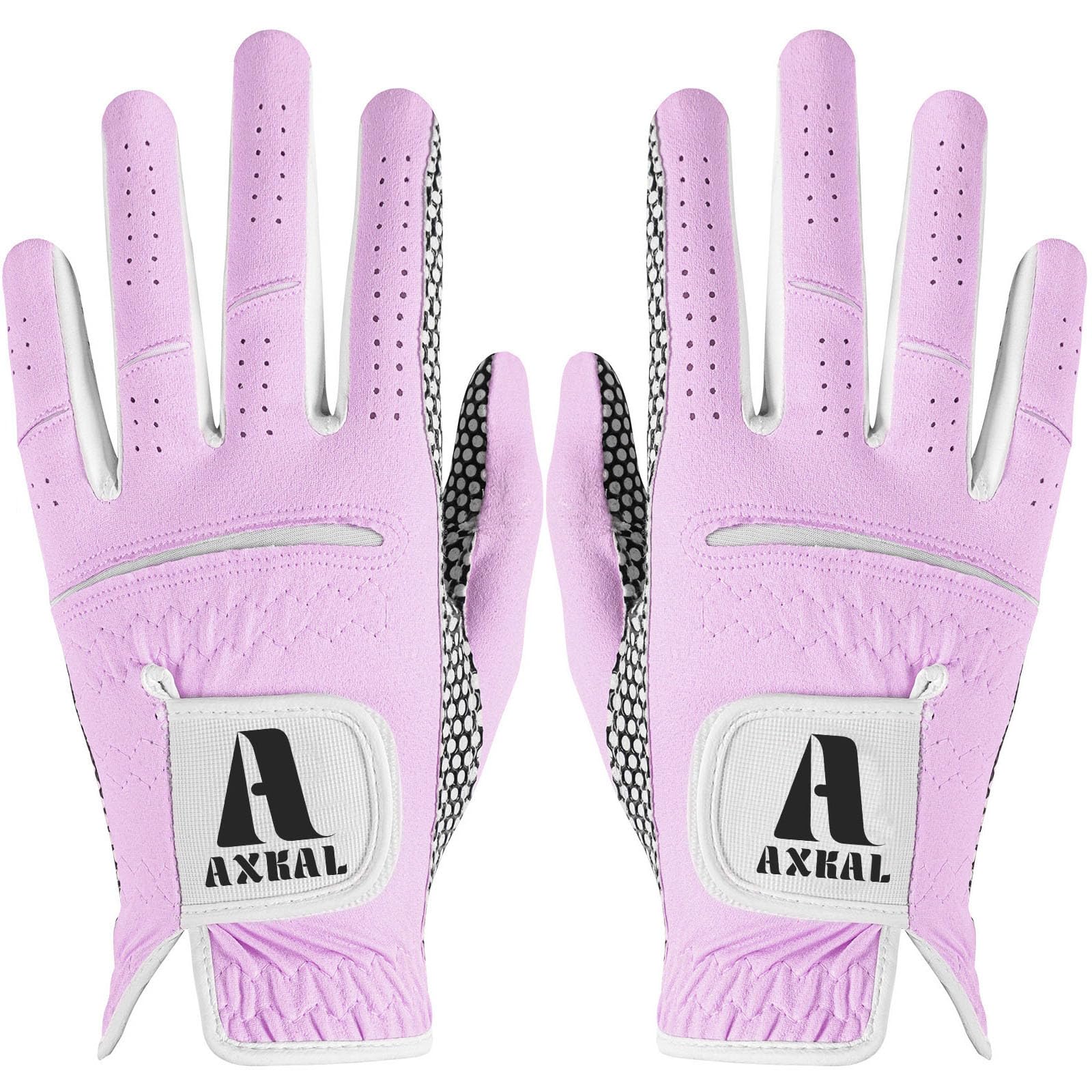 AXKAL Golf Gloves Women Enhanced Grip Comfortable Value 2 Pack Right Left Hand, Lightweight All Weather Breathable Ladies Golf Gloves Purple Pink Sizes S M ML L XL (Purple, S, Ambidextrous)