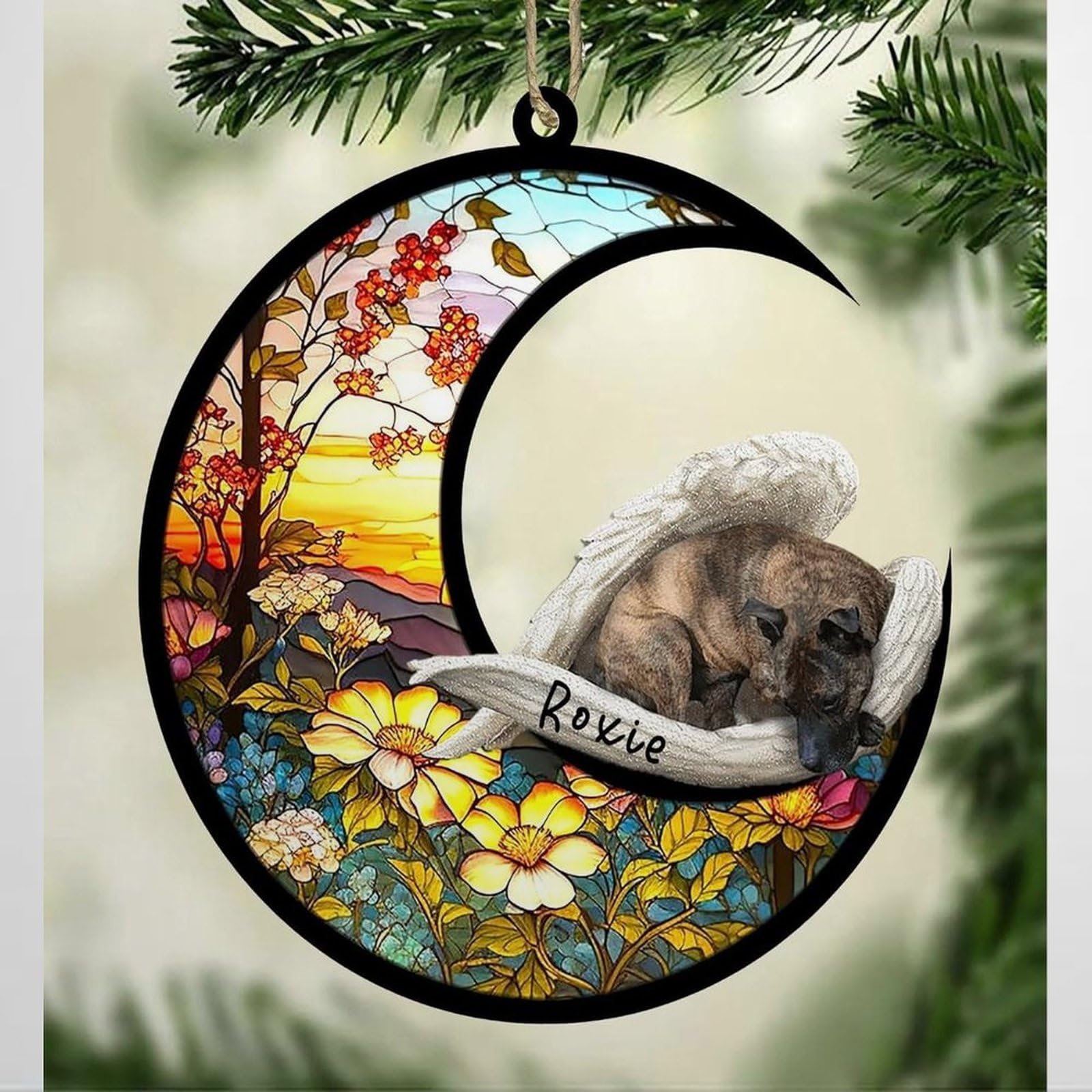 Luckluccy Brindle Staffy Personalized Dog Memorial Suncatcher, Christmas Ornament With Name,Pet Loss Catcher,Gifts For Dog Lovers Loss Of Dog, Sleep On Haven