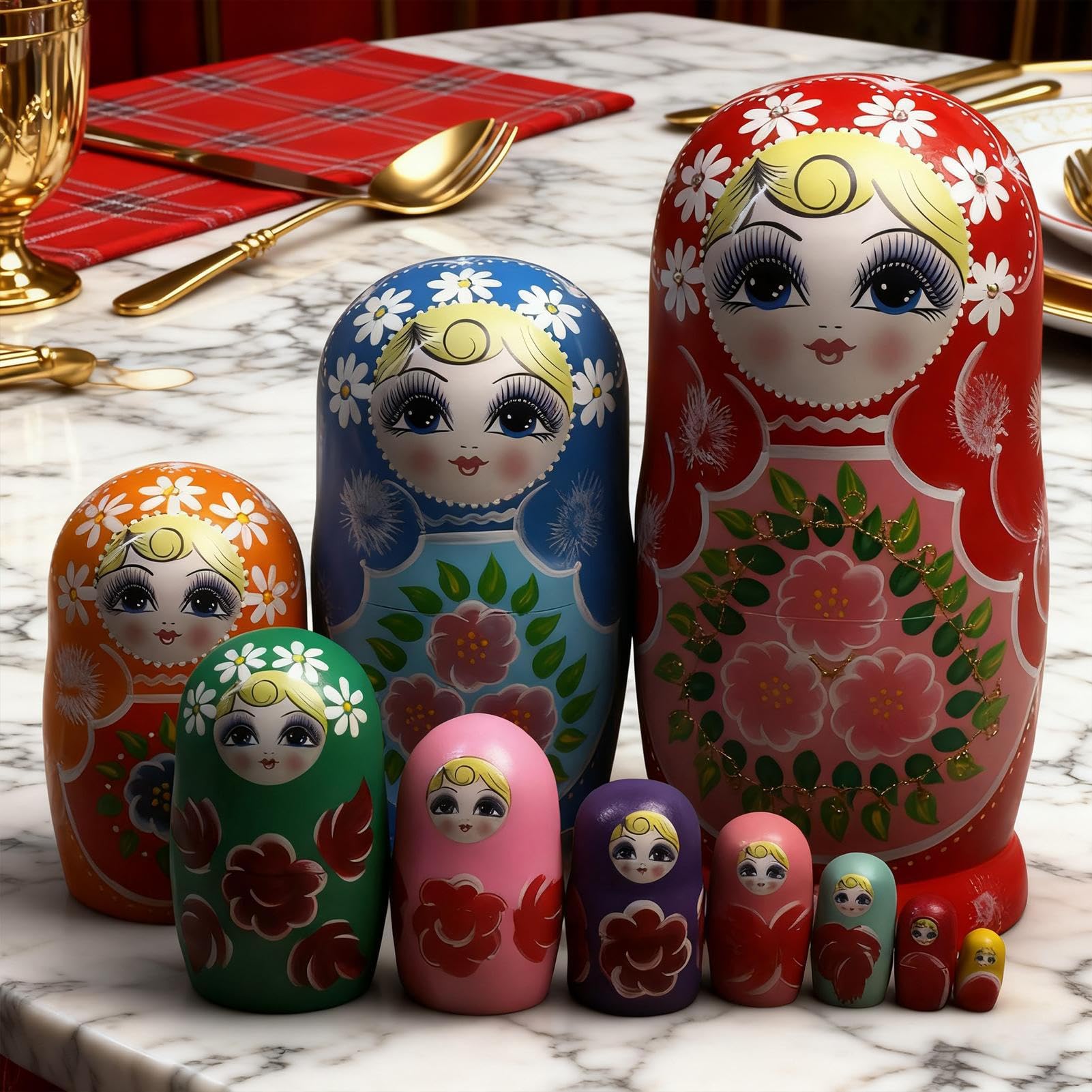 Generisch Matroschkas Puppen Set aus Holz, 10-teilig handbemalt und lackiert, traditionelle russische Schachtelpuppen als Souvenir, Dekoration und Stapelspielzeug für Kinder undSammler