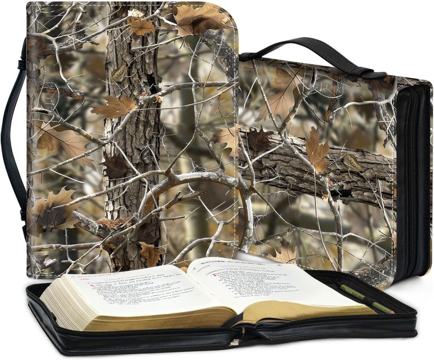 PU Leather Bible Cover Case for Women and Men, Forest Camouflage Bible Bag for Men, Large Bible Bags for Women, Church Book Carrying Case