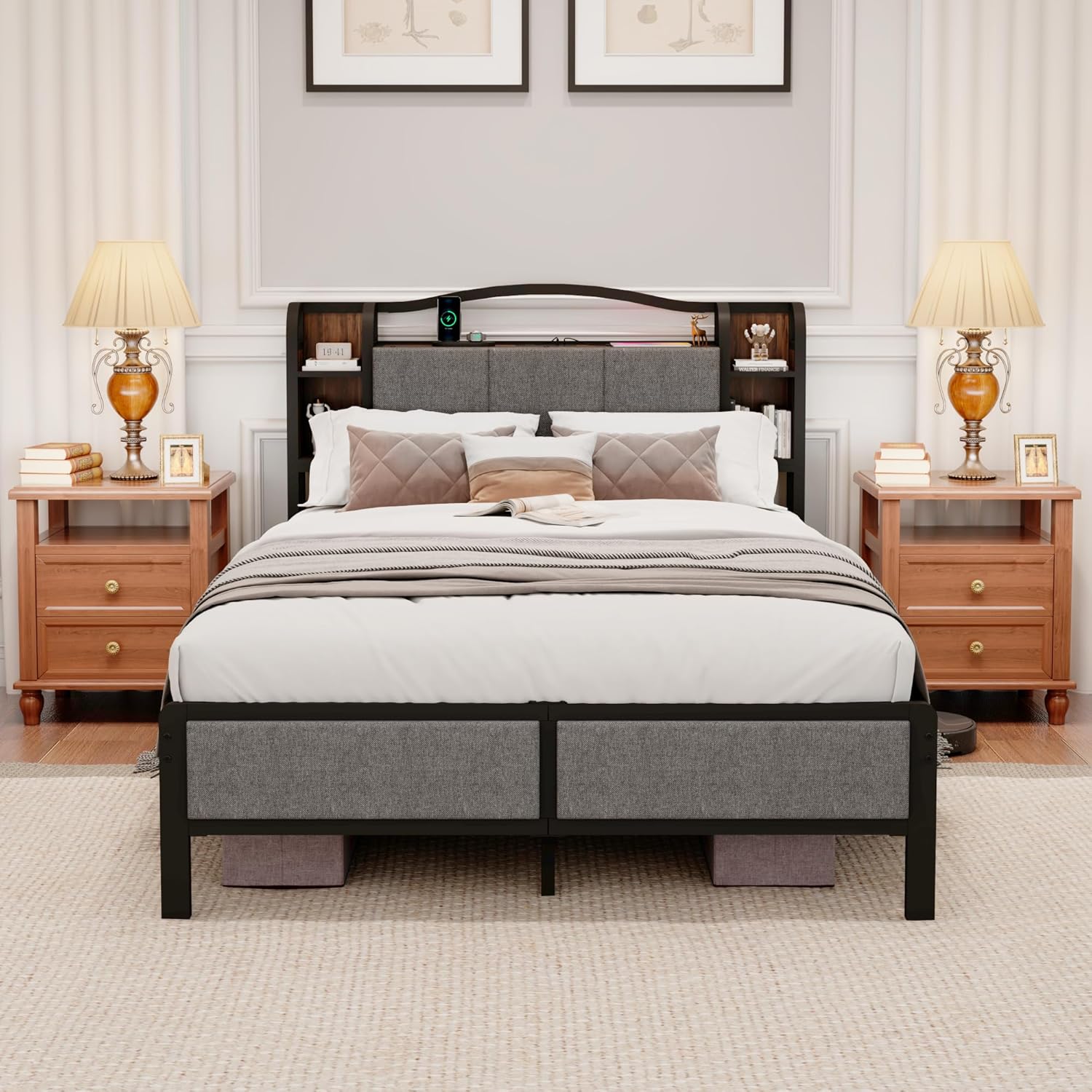 AROMUSTIM Bed Frame Queen Size with Charging Station, LED Bed with Upholstered Storage Headboard, Metal Platform Bed with Under Large Bed Storage, No Box Spring Needed, Easy Assembly,Noise Free
