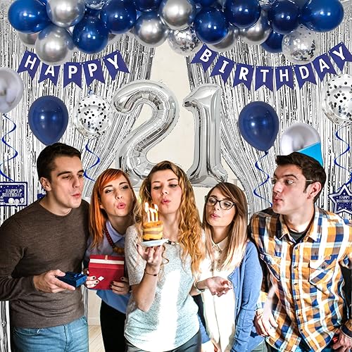 Miniatura 3 de Decoraciones de cumpleaños 21 para él, decoraciones de cumpleaños 21 azules y plateadas para niños y hombres, 21 globos de cumpleaños, banderines,