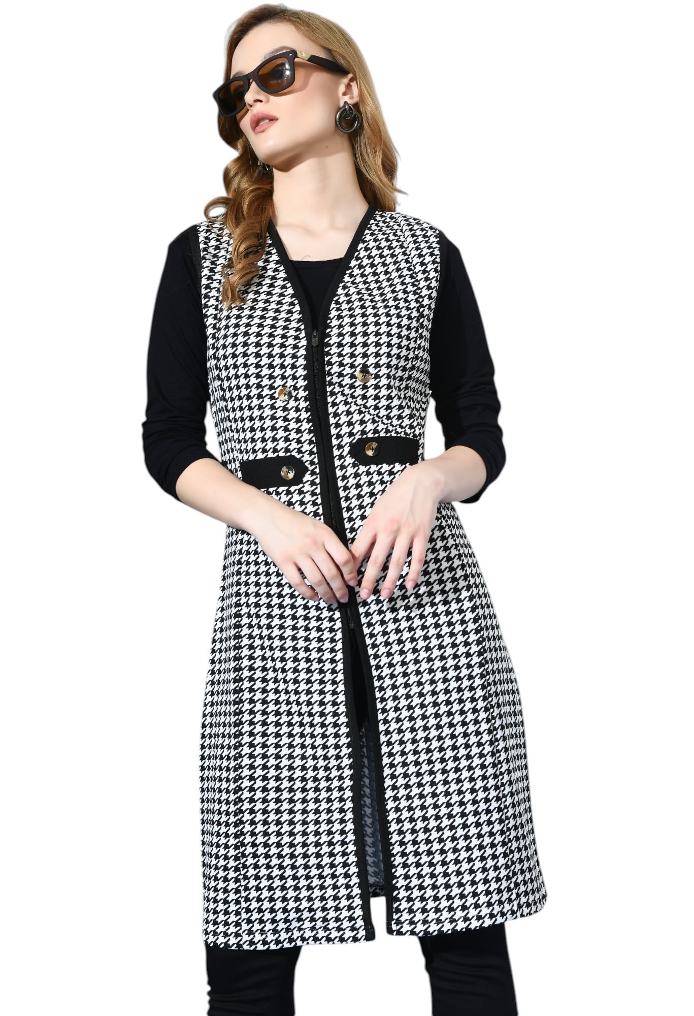 Women’s Houndstooth Long Sleeveless Shrug | Black & White Layered Jacket Style-picture-51