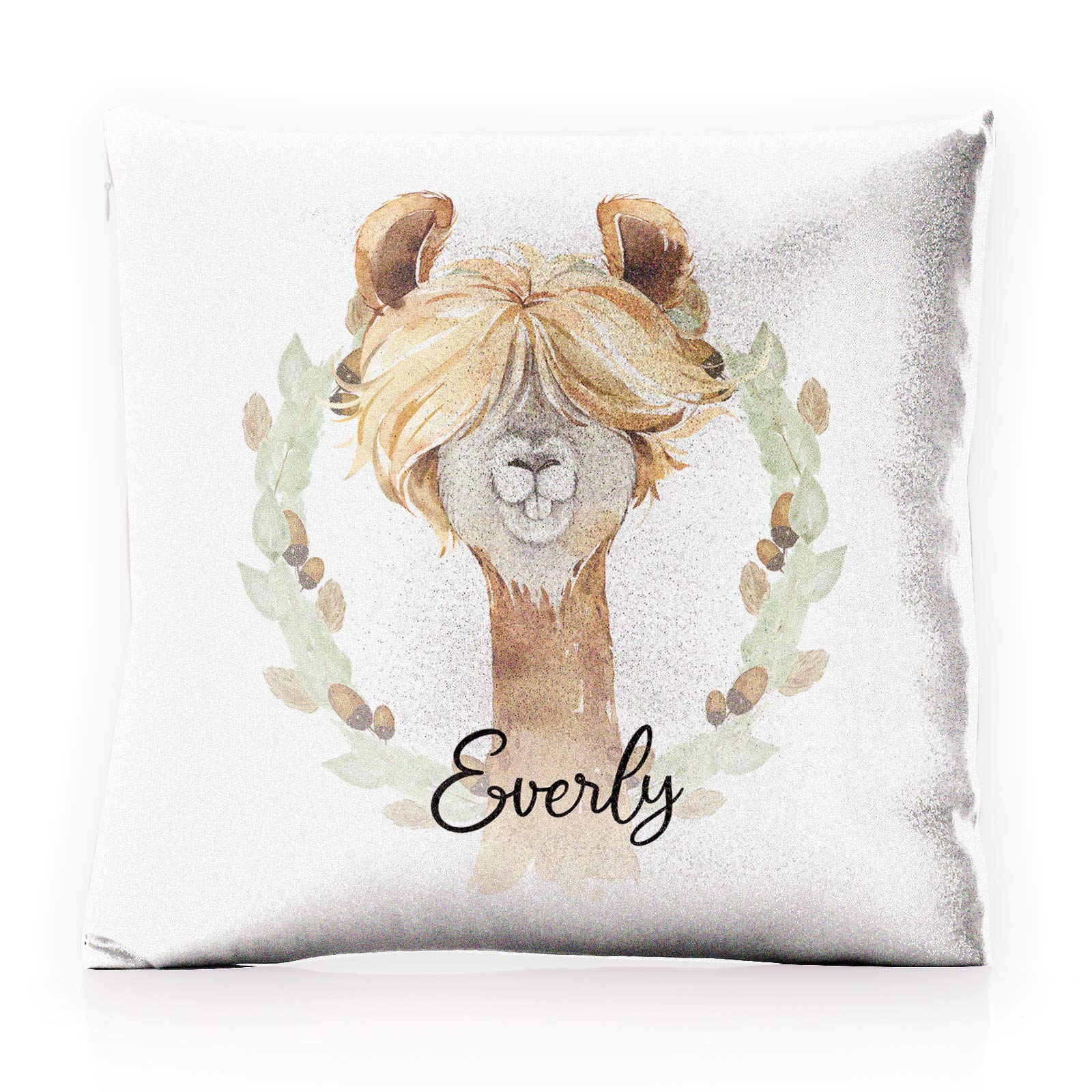 Hairyworm Personalised Cushion Cover with Filling Optional, Pink, Champagne, White Glitter Square Cushion Customised with Initial/Name/Text, Alpaca Acorn Wreath Design โ image 1