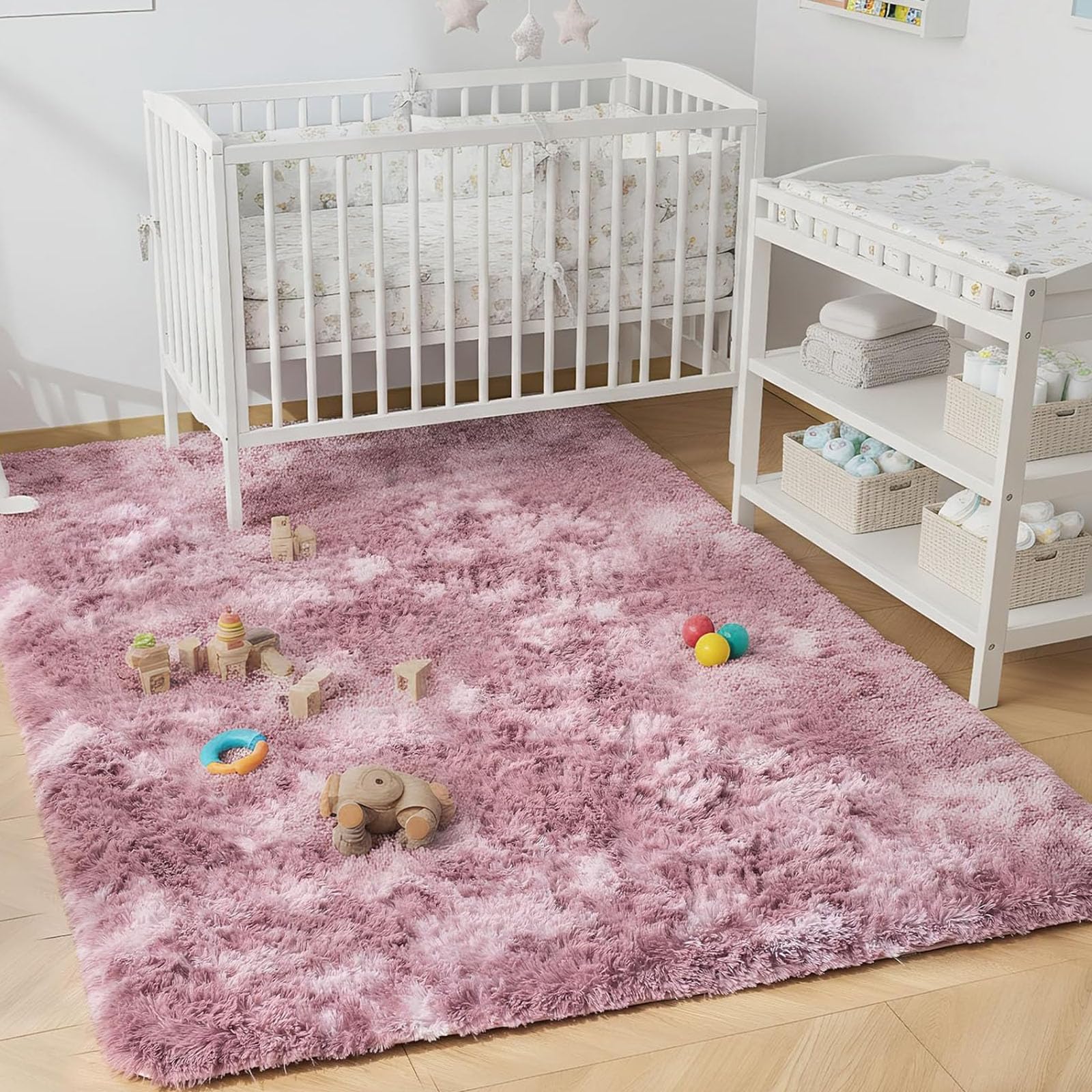 Tapis de salon moderne rose 340 x 370 cm à poils longs pour grand séjour