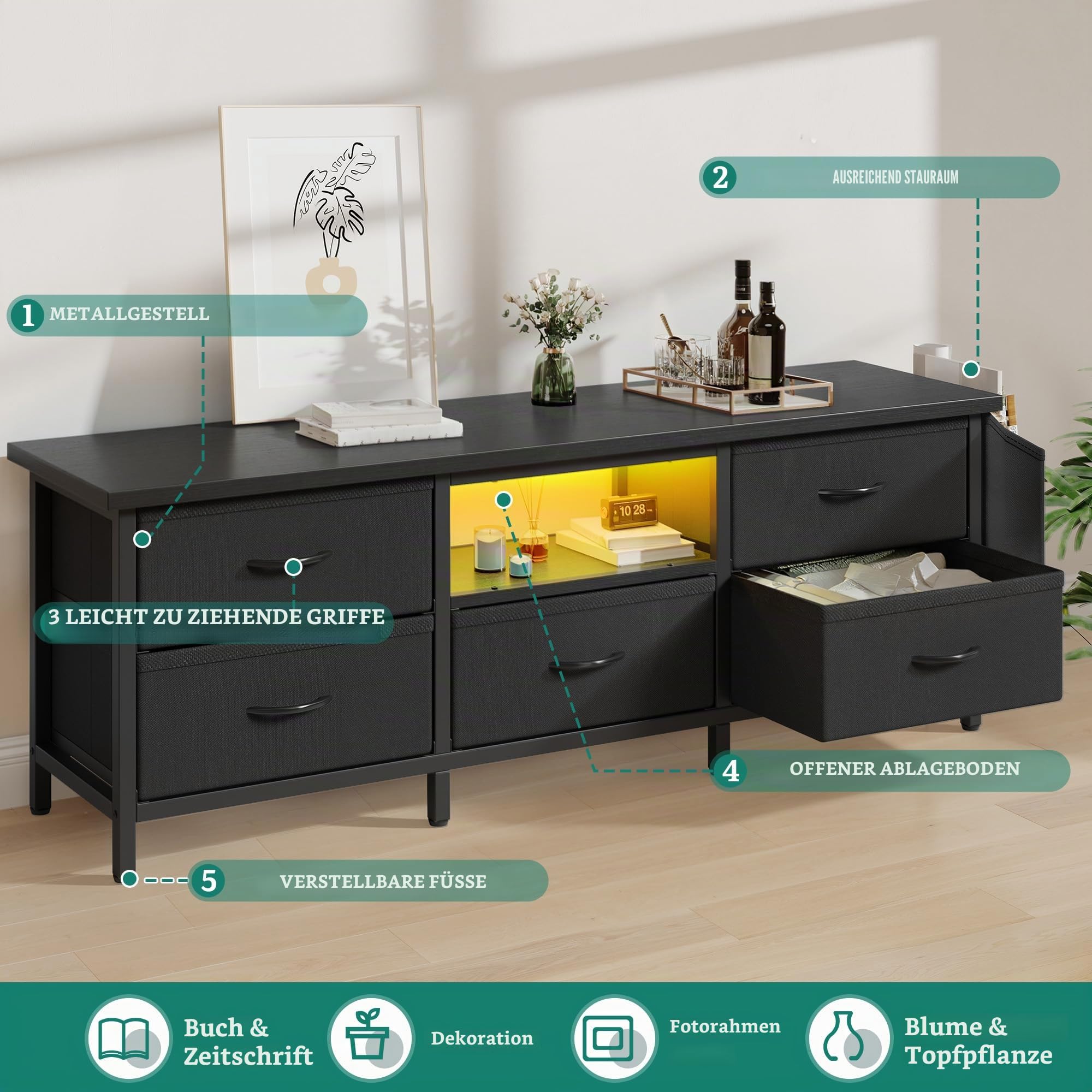 YITAHOME TV-Schrank, TV-Ständer für Wohnzimmer mit 5 faltbaren Schubladen und Regalen, TV-Ständer mit RGB-LED-beleuchtetem TV-Entertainment-Center mit Schrank, 145 x 35 x 50 cm, Schwarz